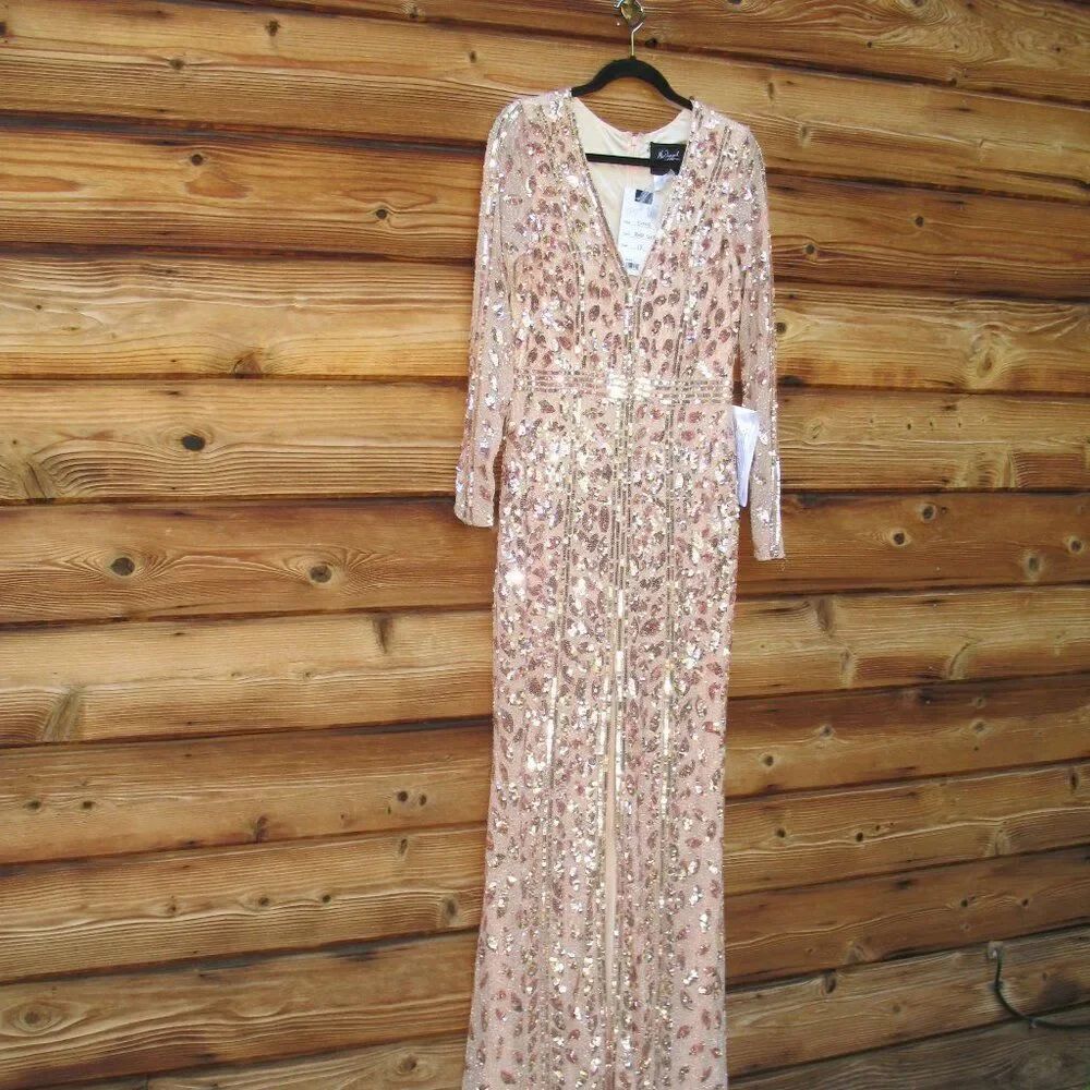 NWT Mac Duggal EMBELLISHED FRONT SLIT LONG SLEEVE GOWN ROSE Gold 12 - Picture 7 of 16